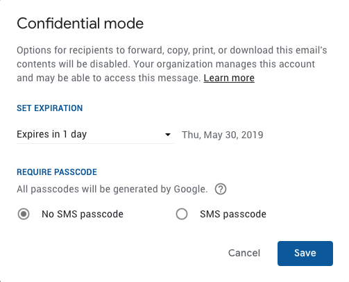 Google confidential mode dialog box